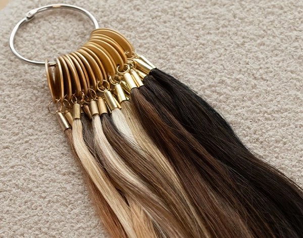 Échantillons de cheveux de différentes couleurs sur un anneau