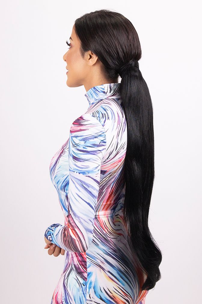 La queue-de-cheval Princess Deluxe Noir Intense – extension queue de cheval coloris noir, 170 grammes, 26", 100% Remy Human Hair (détail)