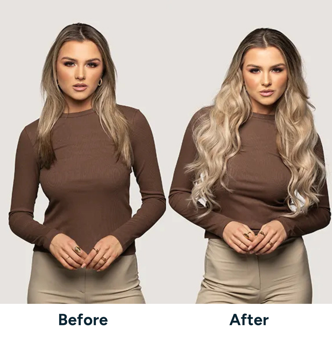 Voor en na hairextensions, blond