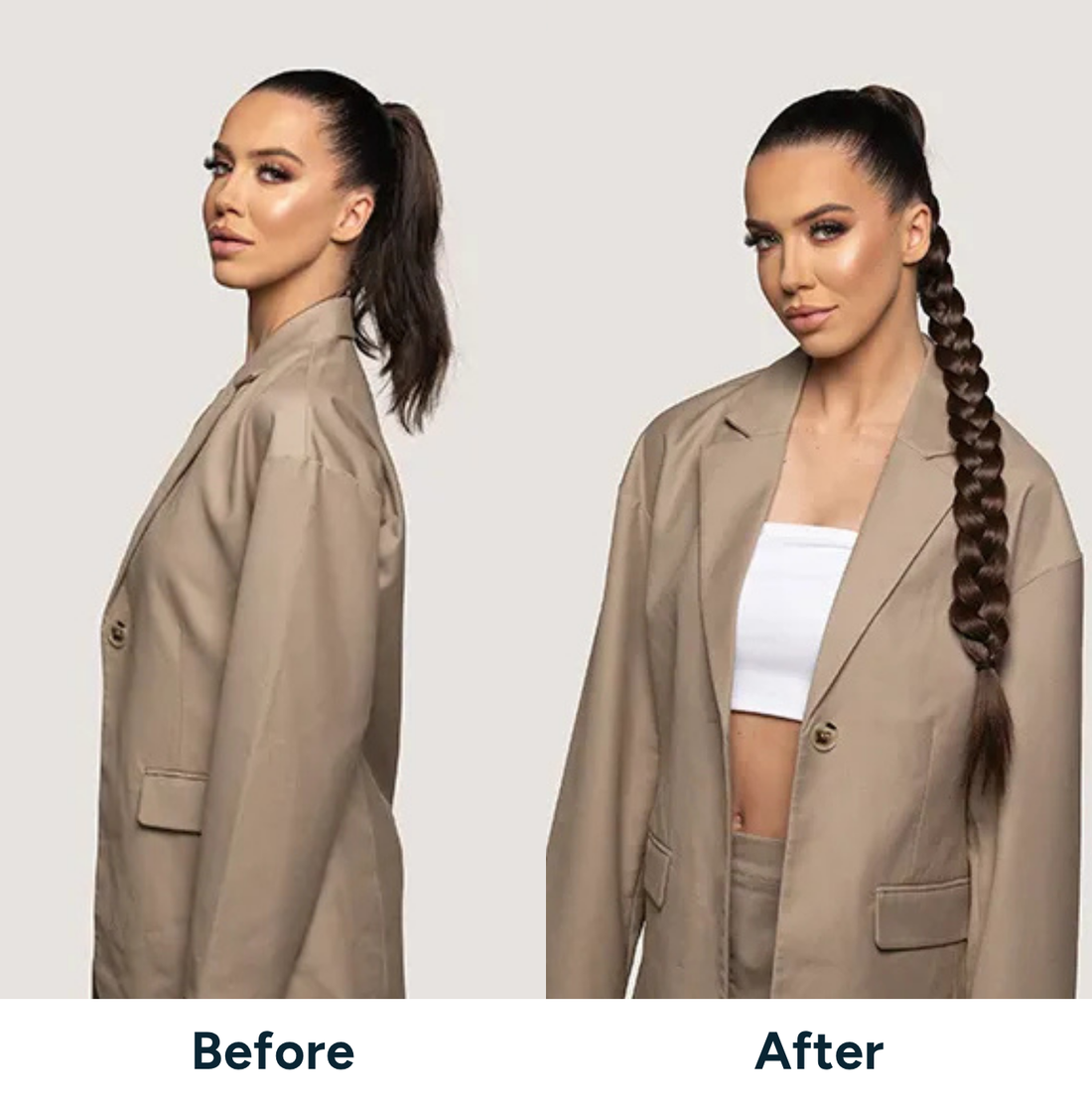 Voor en na hairextensions, bruin