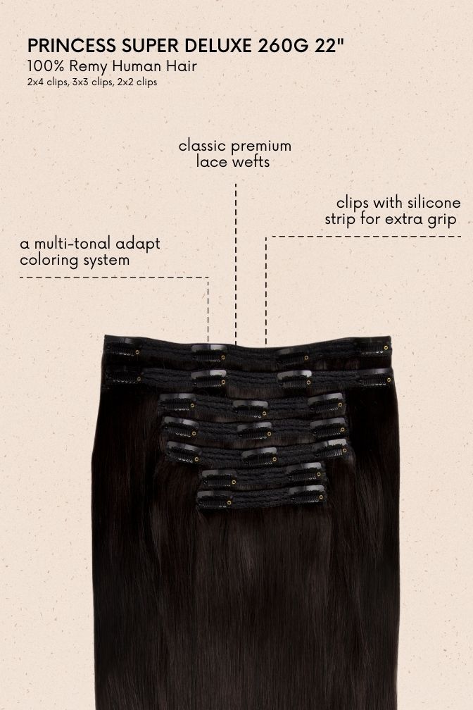 Princess Glamorous Jet Black – black clip-in extensions, 260 grams, 22", 100% Remy Human Hair (detail)