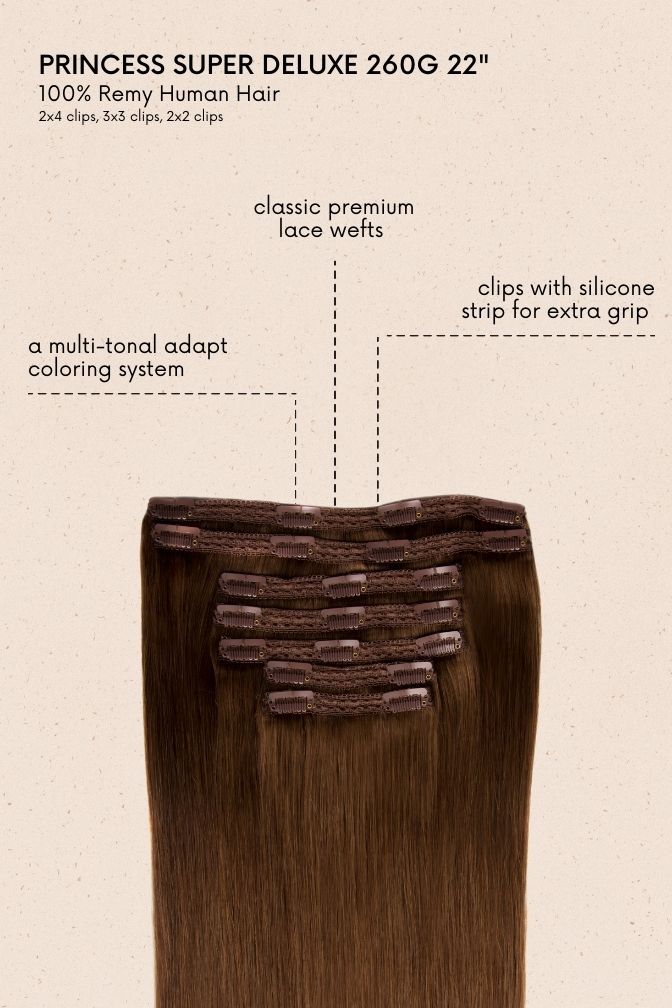 Princess Glamorous Cappuccino Brown – warm brown clip-in extensions, 260 grams, 22", 100% Remy Human Hair (detail)