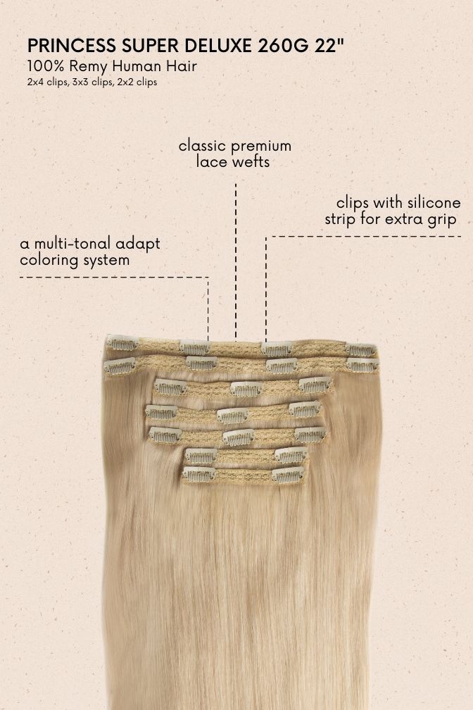 Princess Glamorous Blond Cendré Clair – extensions à clips coloris blond cendré, 260 grammes, 22", 100% Remy Human Hair (détail)