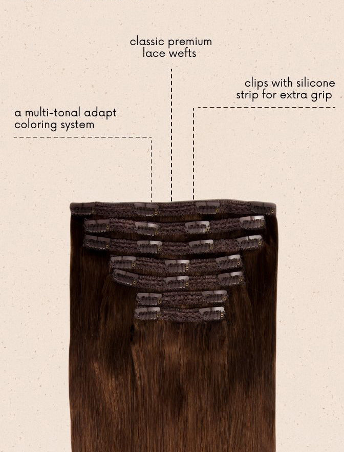 Princess Supreme Cappuccino Brown – warm brown clip-in extensions, 320 grams, 22", 100% Remy Human Hair (detail)