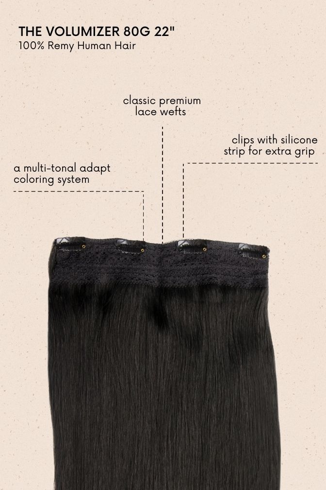 Volumizer Jet Black – black clip-in extensions, 80 grams, 22", 100% Remy Human Hair (detail)