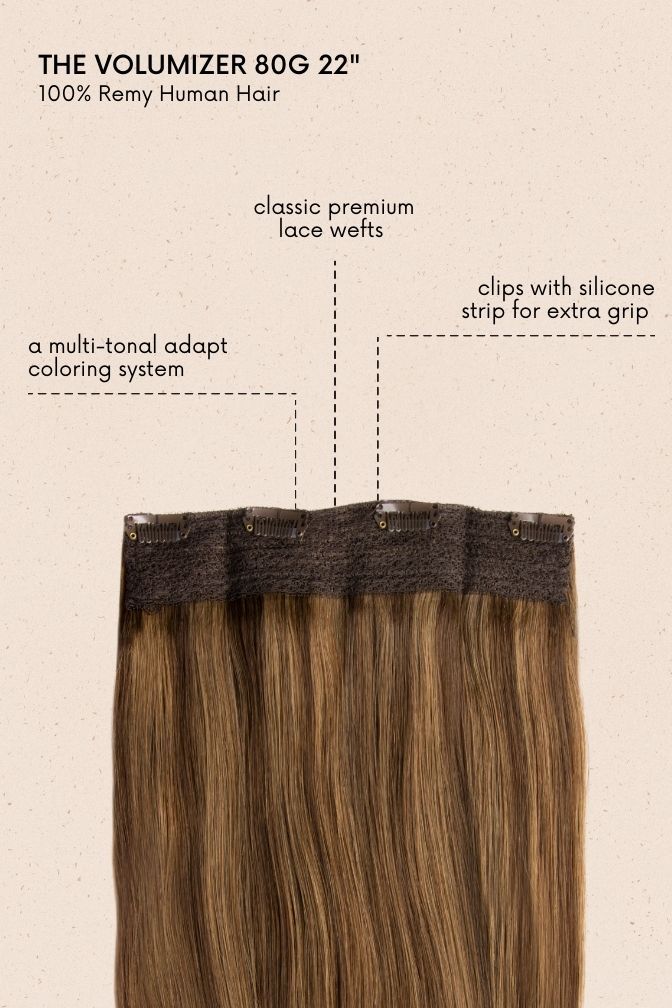 Volumateur Marron Latte – extensions à clips coloris brun avec mèches, 80 grammes, 22", 100% Remy Human Hair