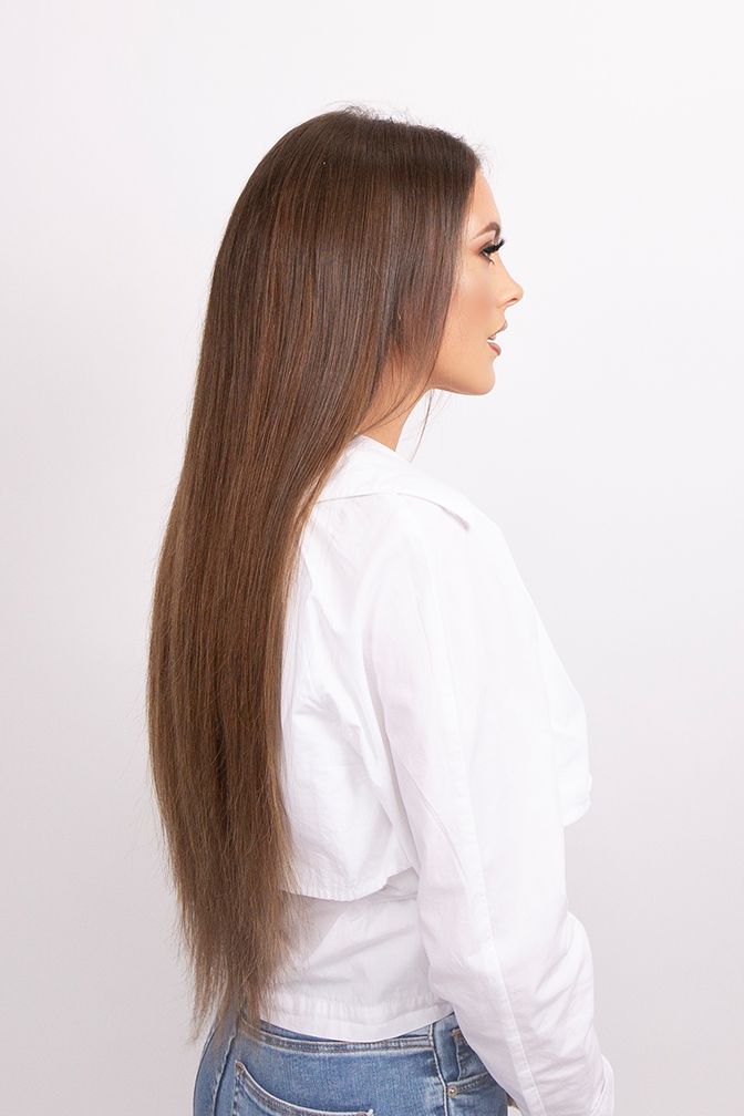 Princess Superior Brun Châtain – extensions à clips coloris châtain, 280 grammes, 24", 100% Remy Human Hair (détail)