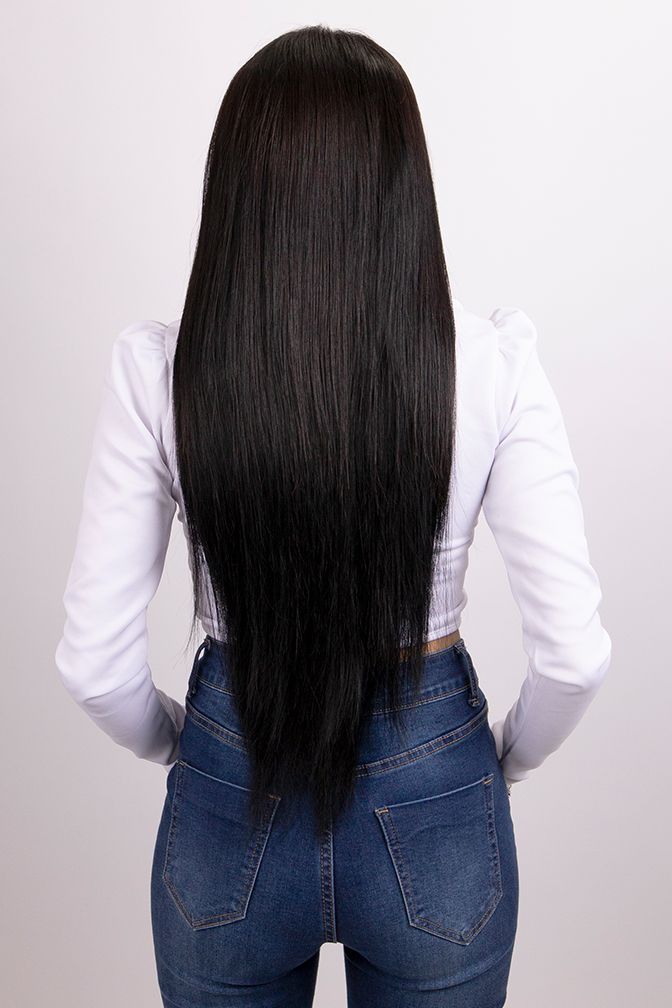 Princess Deluxe Noir Intense – extensions à clips coloris noir, 160 grammes, 22", 100% Remy Human Hair (détail)