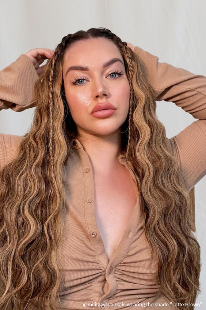 Princess Supreme Latte Brown – brown highlights clip-in extensions, 320 grams, 22", 100% Remy Human Hair (detail)