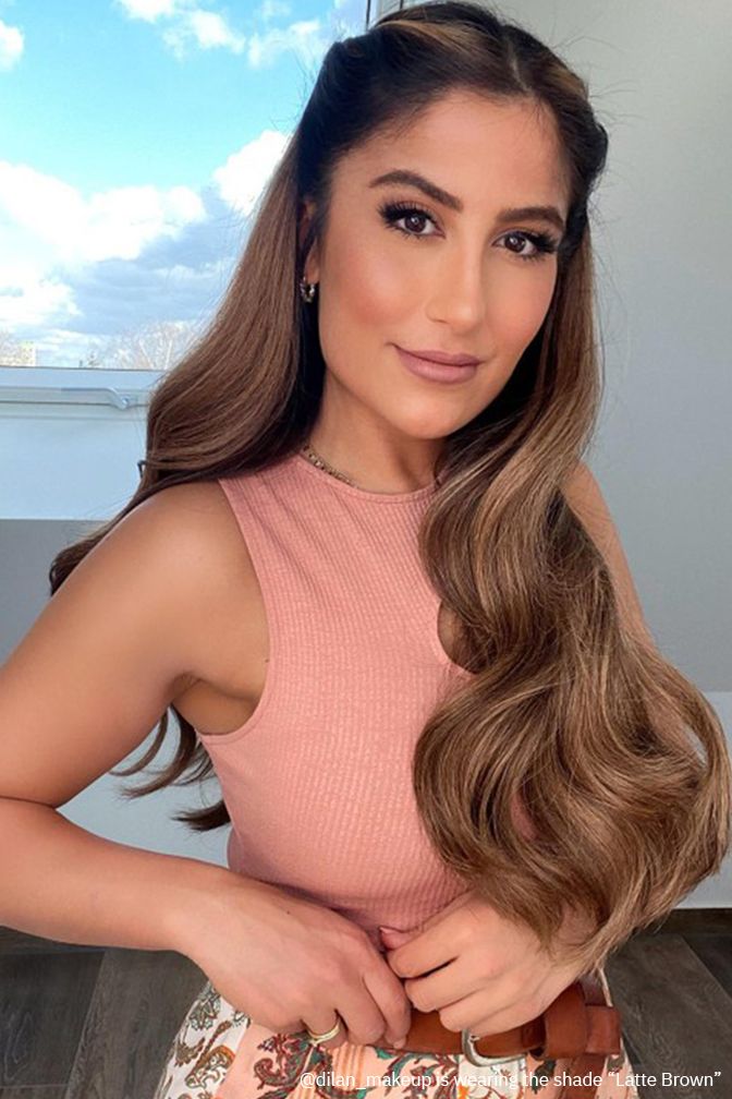 Princess Super Deluxe Marron Latte – extensions à clips coloris brun avec mèches, 220 grammes, 22", 100% Remy Human Hair (détail)