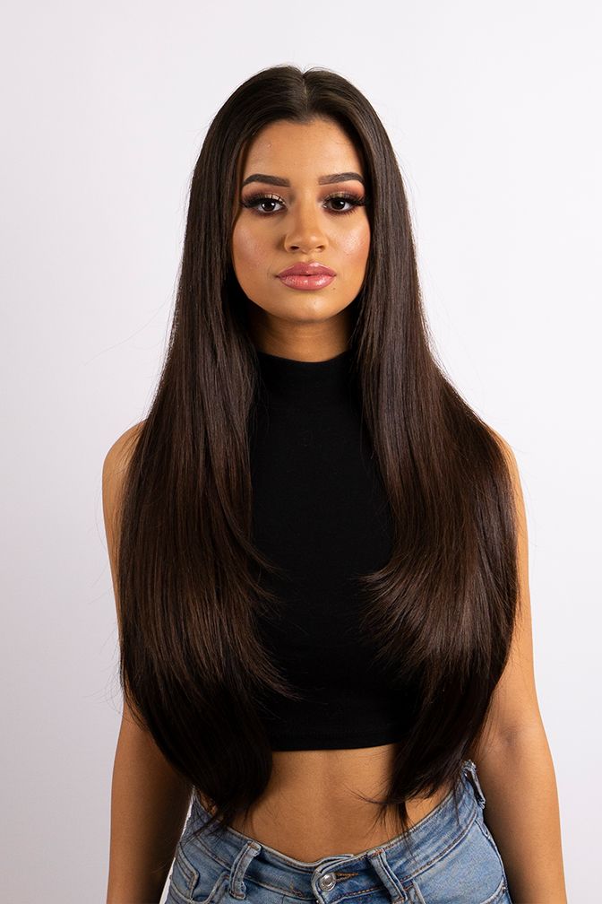 Princess Glamorous Mocha Brown – dark brown clip-in extensions, 260 grams, 22", 100% Remy Human Hair (detail)