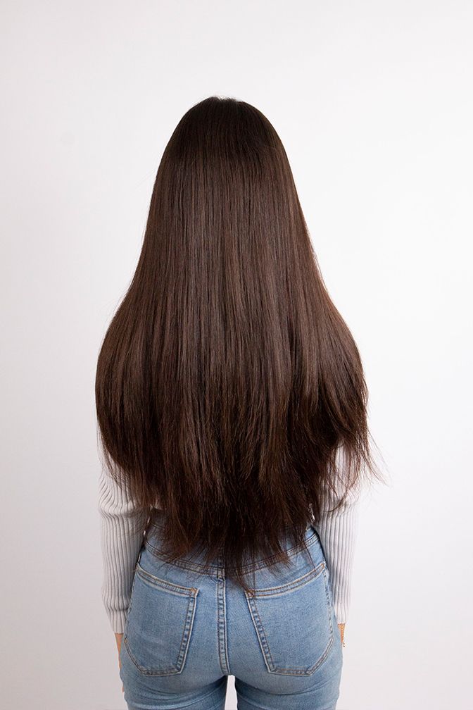 Princess Supreme Mocha Brown – dark brown clip-in extensions, 320 grams, 22", 100% Remy Human Hair (detail)