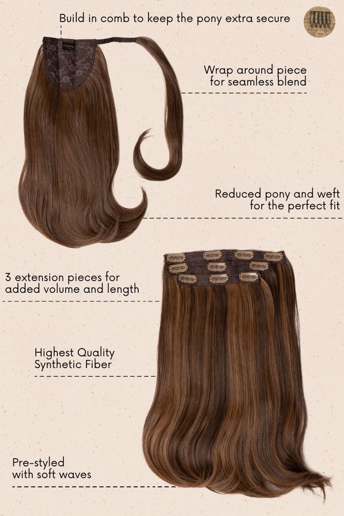 Le half up half down Châtain Clair – set half up half down coloris brun clair, 330 grammes, 16", cheveux synthétiques (détail)