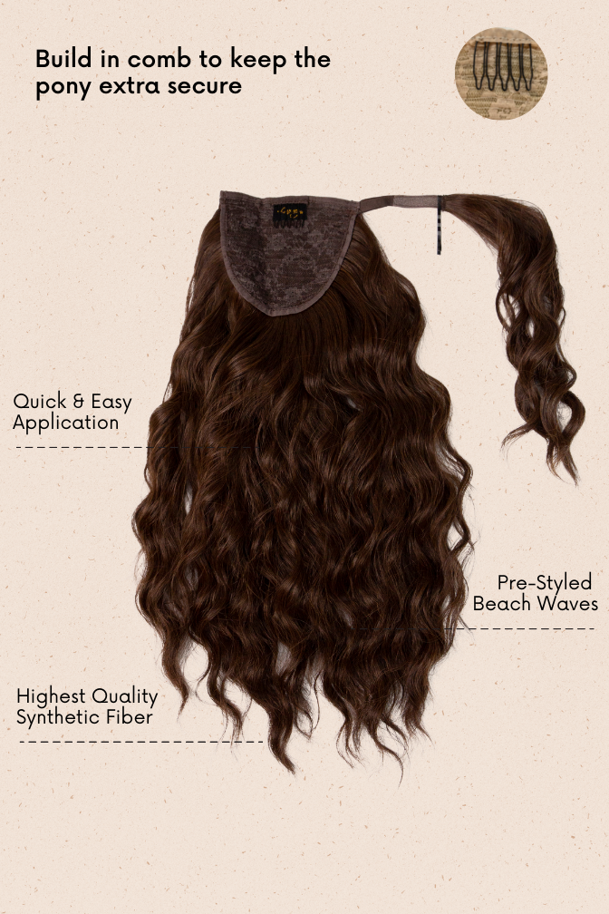 The Wavy Dream Ponytail Latte Brown – brown highlights ponytail extension, 180 grams, 18", synthetic hair (detail)