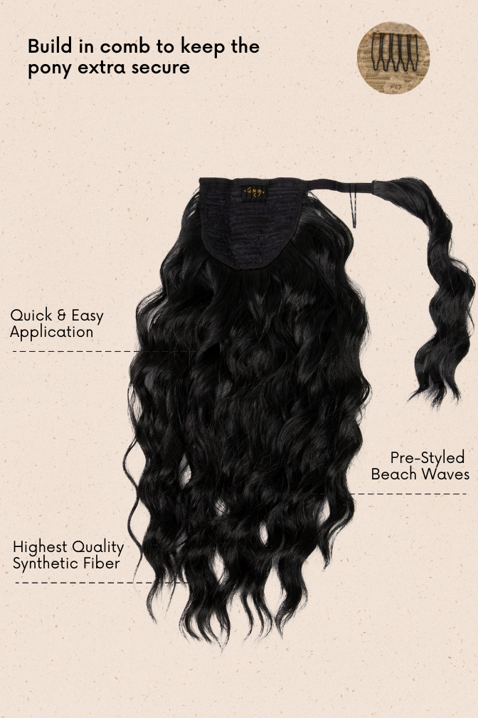 La queue-de-cheval de rêve ondulée Noir Intense – extension queue de cheval coloris noir, 180 grammes, 18", cheveux synthétiques (détail)
