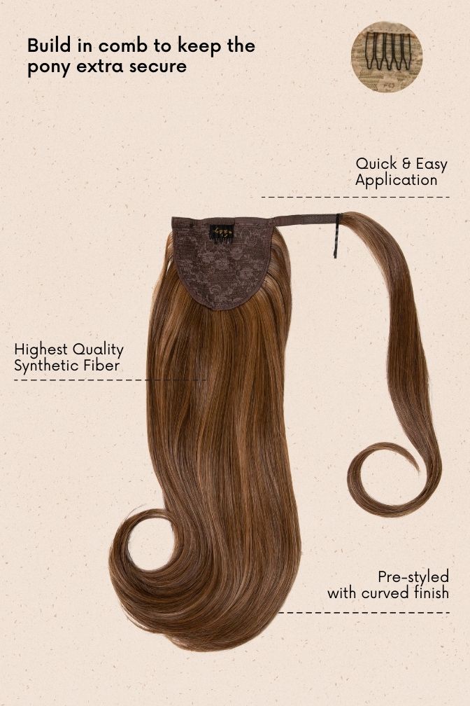 The Glam Ponytail Latte Brown – brown highlights ponytail extension, 190 grams, 18", synthetic hair (detail)