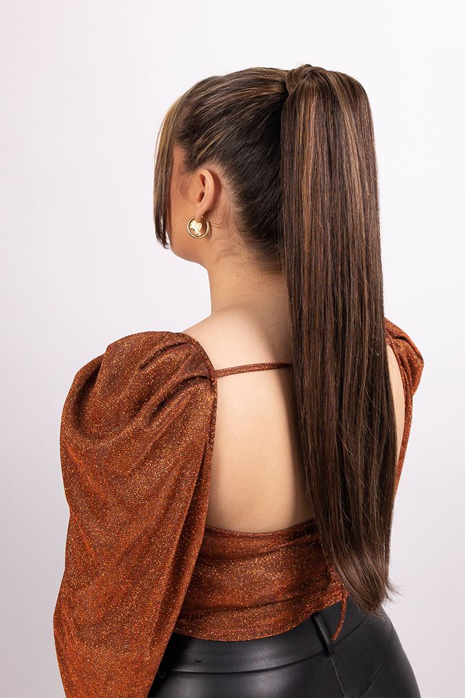 Der Princess-Pferdeschwanz Cappuccinobraun – Pferdeschwanz-Extension in Warmbraun, 100 Gramm, 22", 100% Remy Human Hair (Detail)